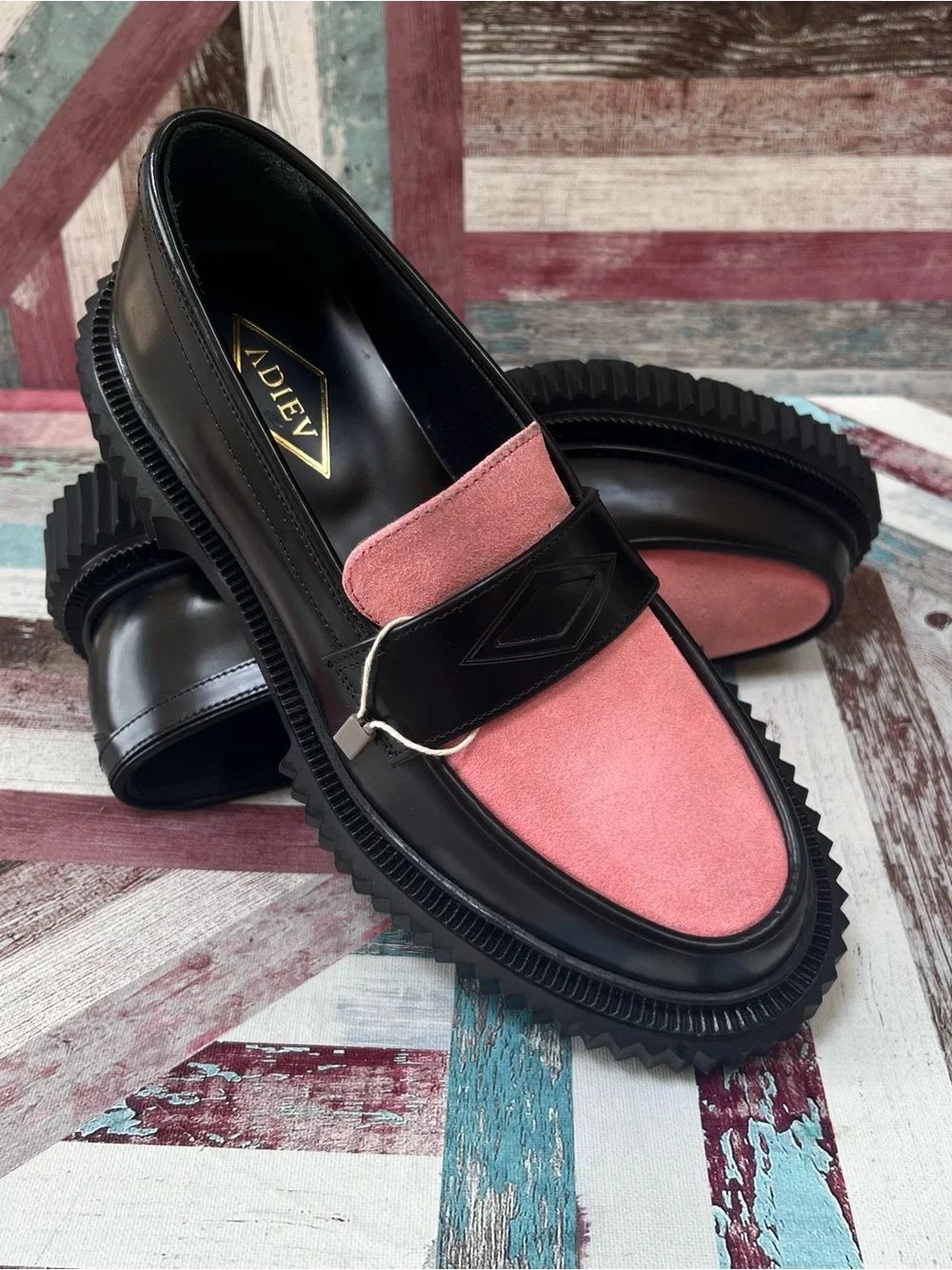 Adieu Paris Women’s Two-Tone Loafers NEW Polido Black Leather/Suede Pink 7.5-8